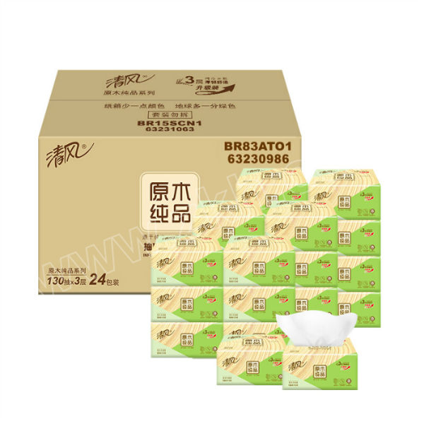 breeze清风原木纯品抽纸br83ato3层130抽6包4提1箱