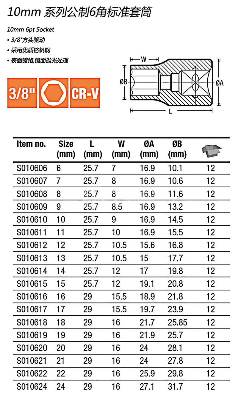 sheffield/钢盾 10mm系列公制6角标准套筒 s010615 15mm 1只