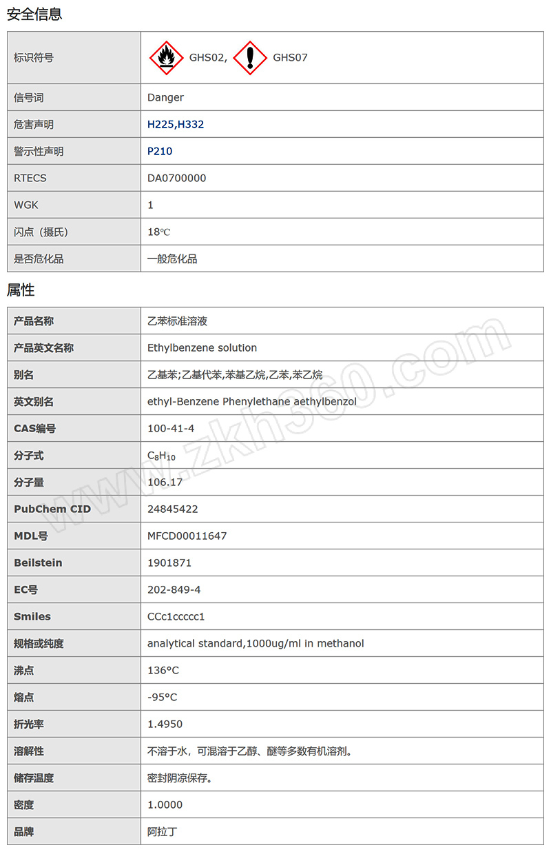 aladdin阿拉丁乙苯標準溶液e11736512mlcas100414規格1000μgml溶劑